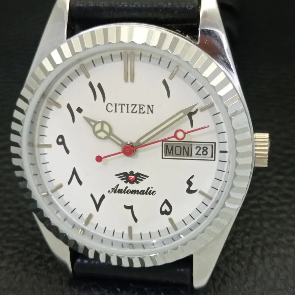 Vintage 1972 Arabic Citizen Automatic Mens Silver Watch W/daydate & Black accent